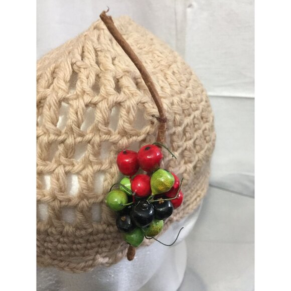 Vintage Beige Crocheted Beanie Hat With A Sprig Of Multi Colored Fruit Attached main image 6